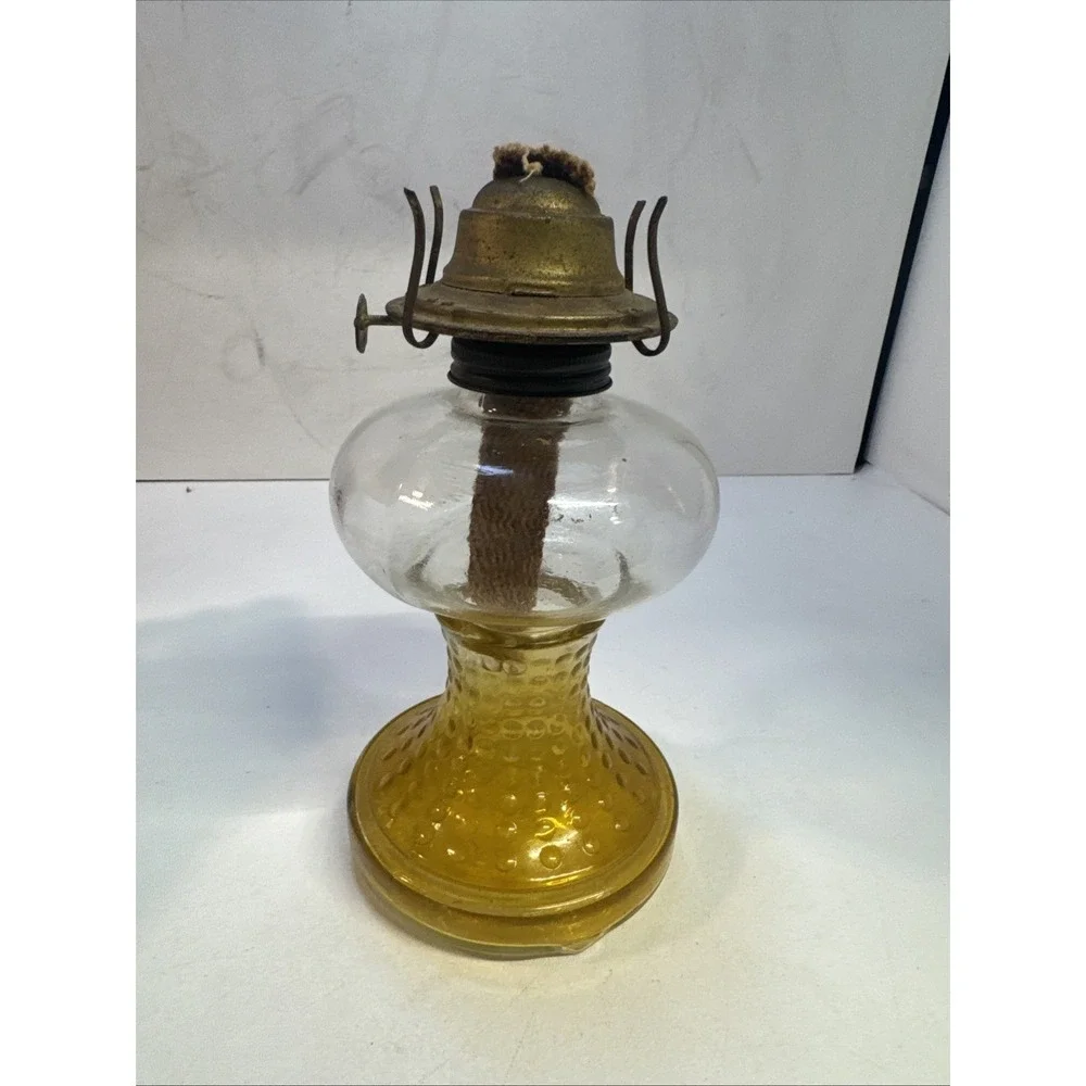Vintage ‎ Hobnail  to Clear Orange/Amber Glass Oil Kerosene Lamp